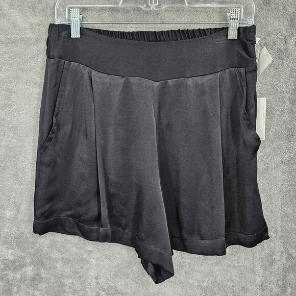 1. State Pants - 1 State On Point Satin Shorts S Black Flat Front Elastic Waist Zip High Rise New